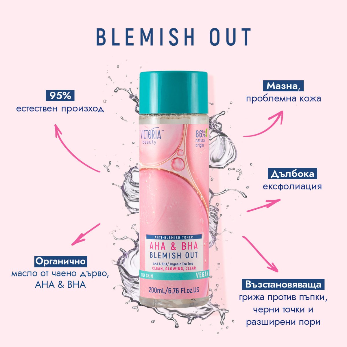 Blemish Out Пилинг тоник за лице против пъпки с AHA & BHA 200мл - CAMCO Ltd.