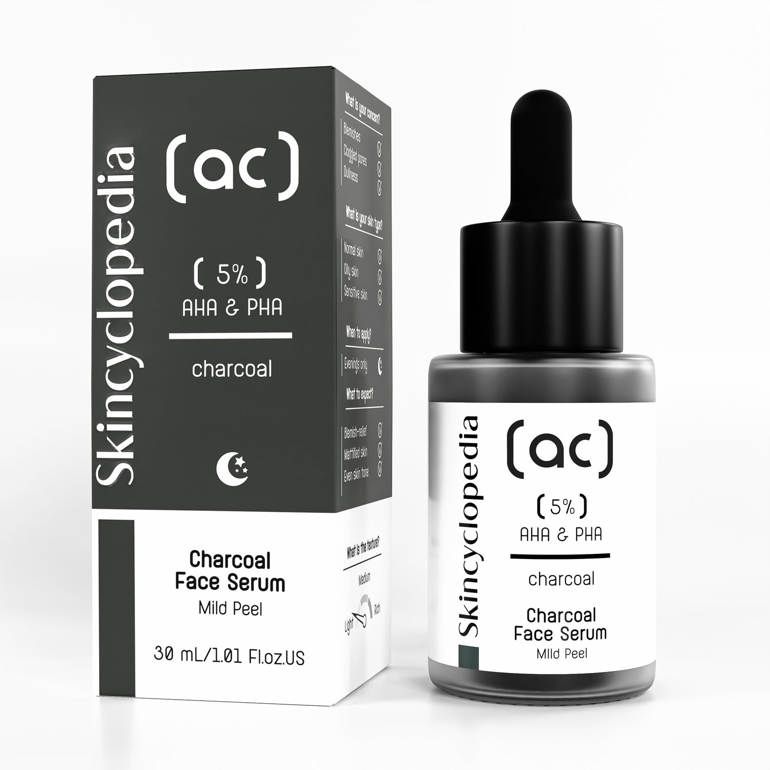 Concentrated gentle peeling serum for the face with 5% mandelic and polyhydroxy acids + activated charcoal 30ml