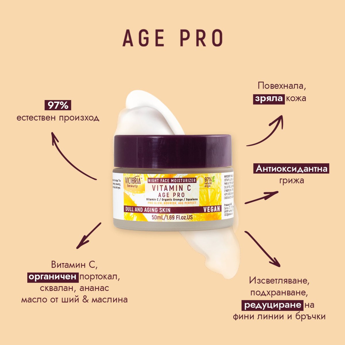 Age Pro Нощен крем за лице против бръчки с витамин C и сквалан 50ml - CAMCO Ltd.