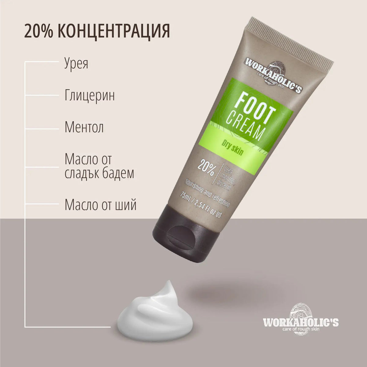 Крем за крака с 20% комплекс от урея, ментол и глицерин 75ml - CAMCO Ltd.