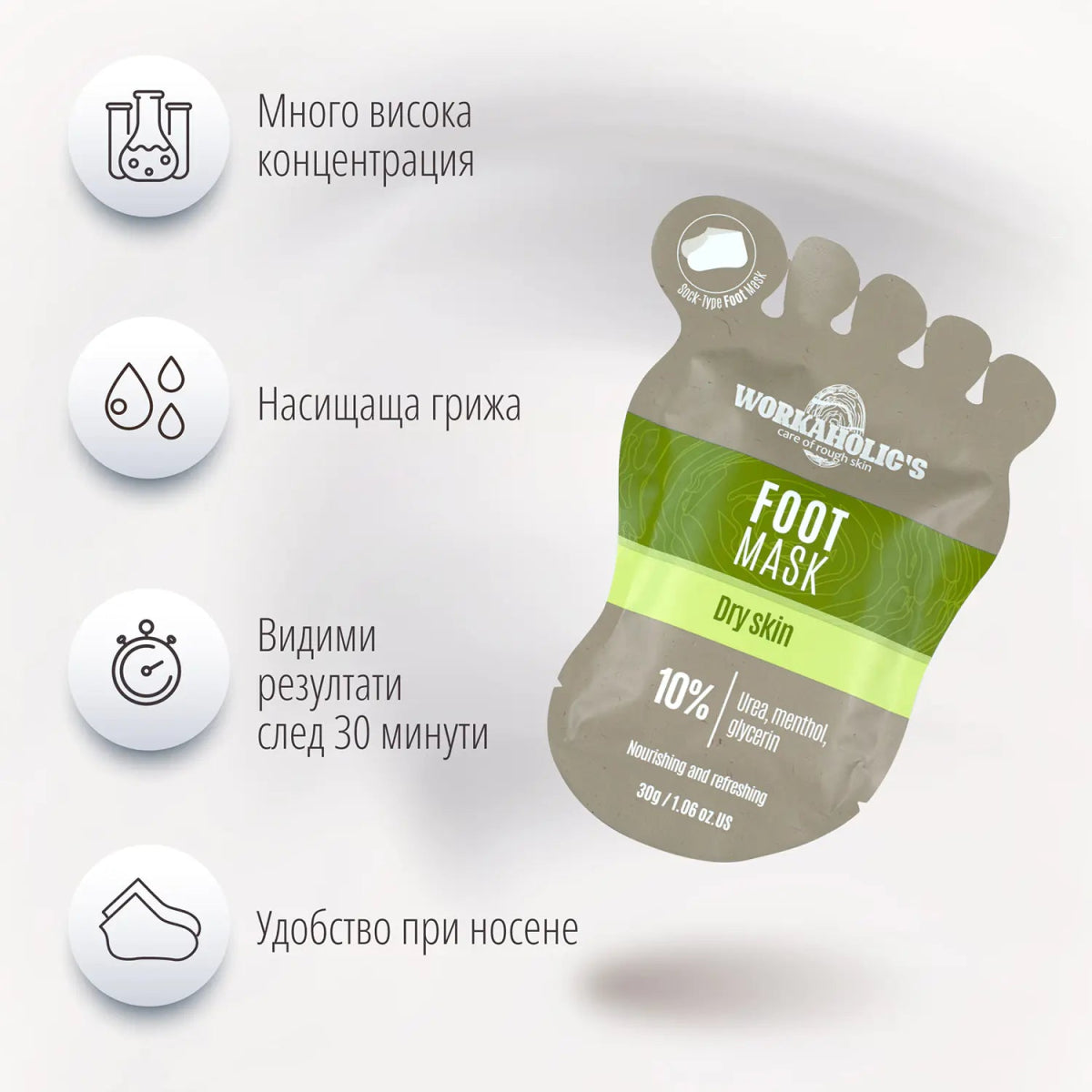 Маска за крака тип „чорап“ с 10% комплекс от урея, ментол и глицерин 30g - CAMCO Ltd.