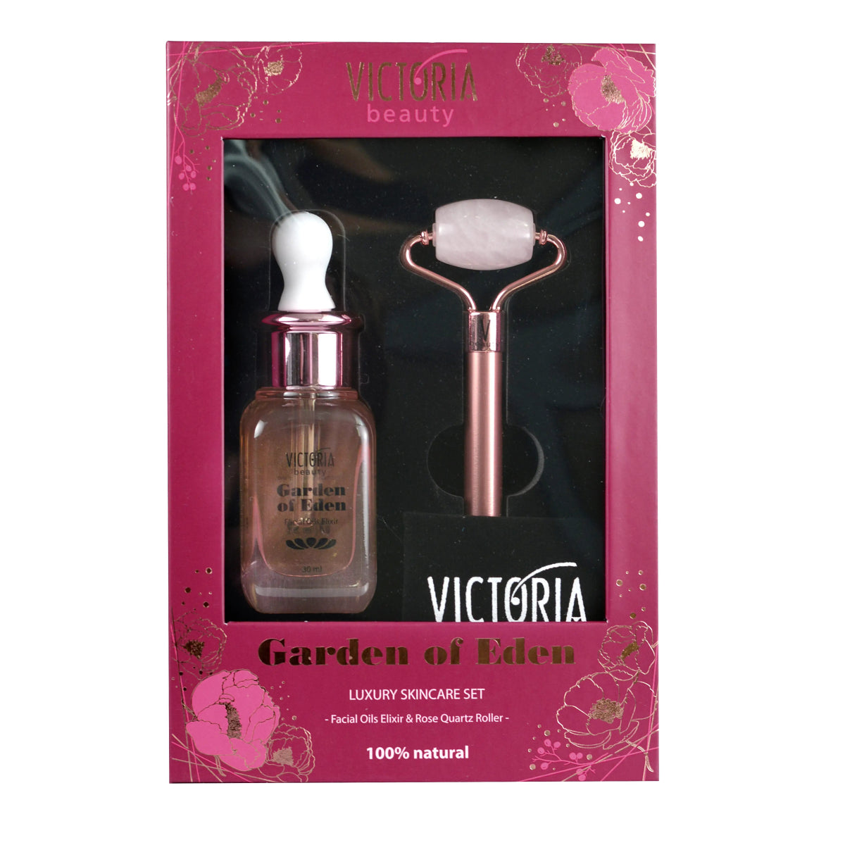 Подаръчен СПА комплект Garden of Eden за жени с ролер за лице от розов кварц и 100% натурален маслен серум (8 масла) 150ml - CAMCO Ltd.