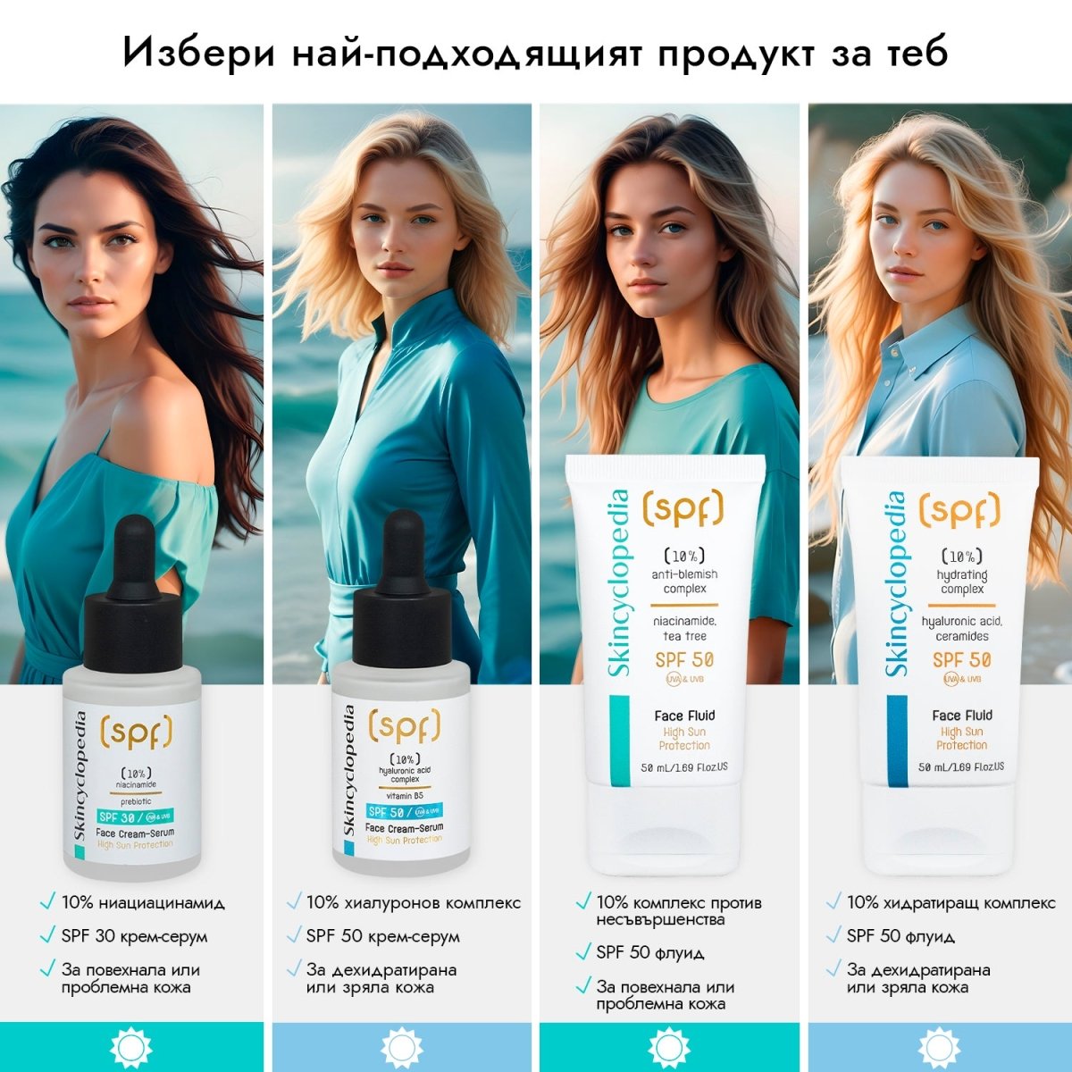 SPF 50 слънцезащитен флуид за лице с 10% хидратиращ комплекс с хиалуронова киселина, серамиди, полиглутаминова киселина, 50ml - CAMCO Ltd.