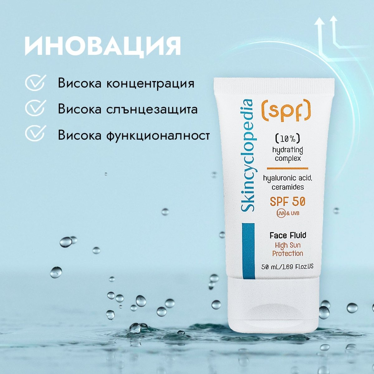 SPF 50 слънцезащитен флуид за лице с 10% хидратиращ комплекс с хиалуронова киселина, серамиди, полиглутаминова киселина, 50ml - CAMCO Ltd.