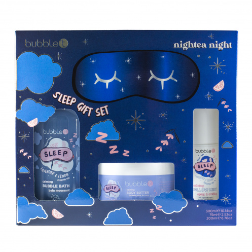 Bubble't Nightea Night подаръчен комплект за спокойни сетива и кожа с пяна за вана, масло за тяло, ароматен спрей за възглавница и маска за сън