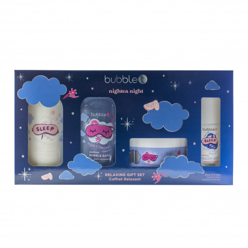 Bubble’t Nightea Night Подаръчен комплект за релакс с пяна за вана, ароматен спрей за възглавница, лосион за тяло и масло за тяло