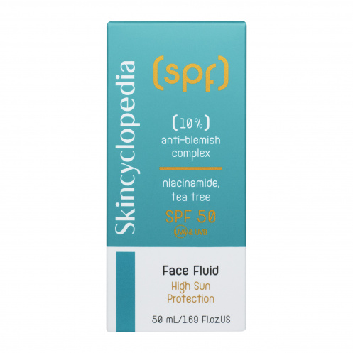 SPF 50 слънцезащитен флуид за лице с 10% комплекс против несъвършенства с ниацинамид, чаено дърво и матиращ комплекс, 50 ml